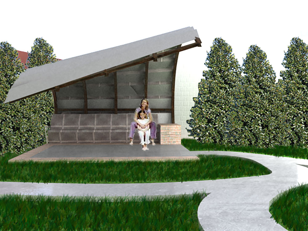 computer rendering of pavilion in park, woman seated in front 