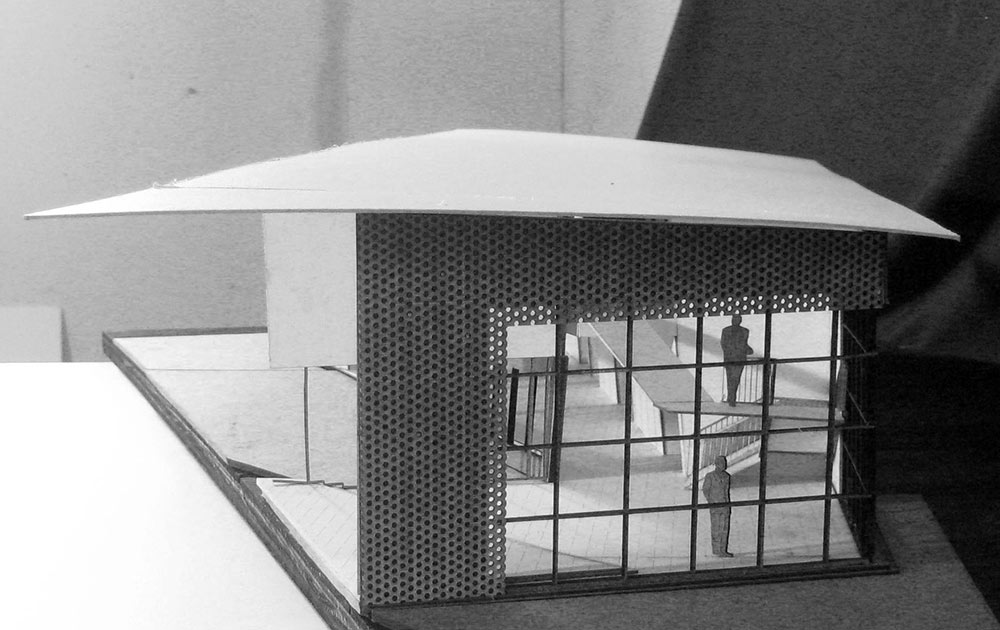 black and white image of a building model