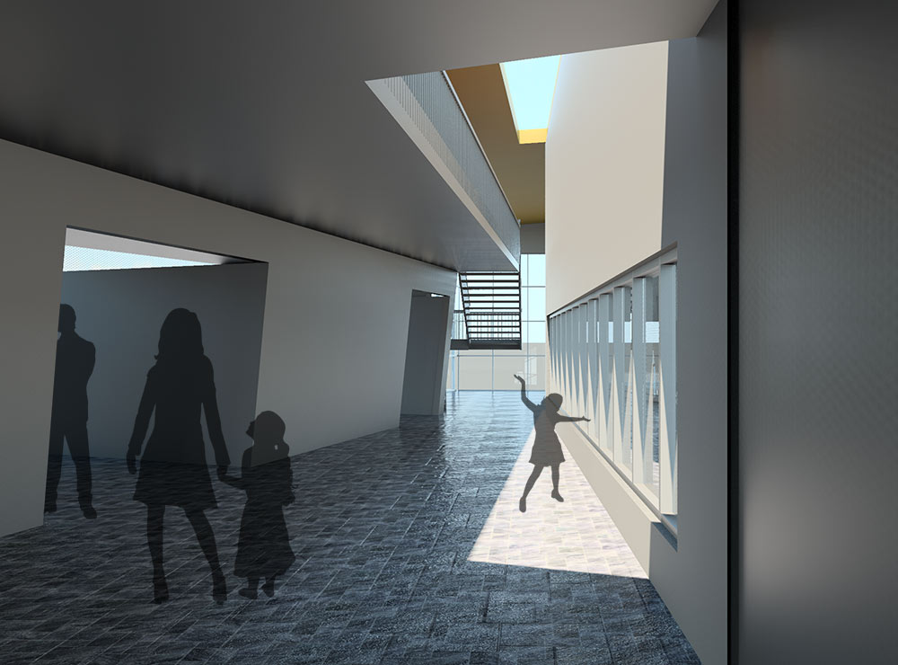 computer rendering of interior of building - shadow people inside