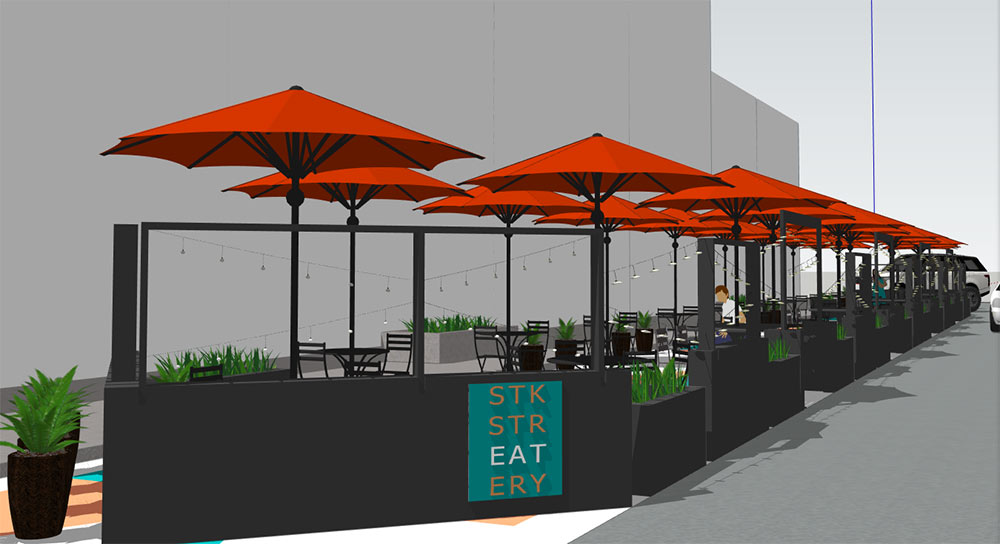 computer rendering of tables with umbrellas in parking along street
