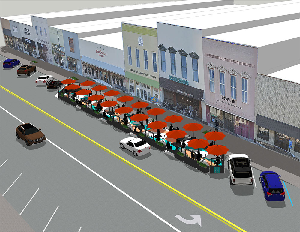 computer rendering of downtown buildings and tables with umbrellas in parking along street
